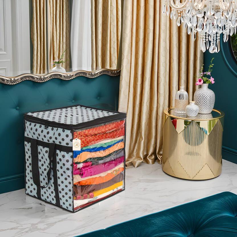 AMAK INC Polka Dot Non-Woven Saree Cover Organizer – 90 GSM Fabric, Transparent Front Window, Double Zipper & Sturdy Handles | Foldable Cloth Storage Box for Wardrobe (50L, Pack of 1) SFXL7773159842910
