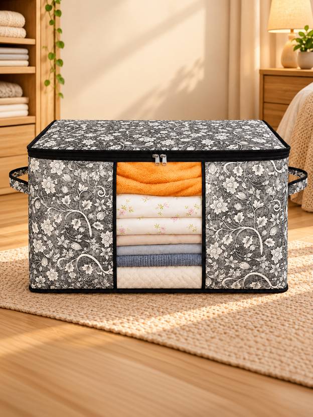 KUBER INDUSTRIES Designer Metalic Flower Print Non Woven Underbed Storage Bag,Cloth Organiser,Blanket Cover with Transparent Window (Black)-34_S_KUBMART16597 34_S_KUBMART016597