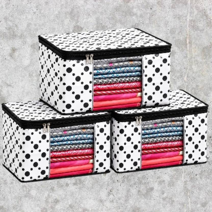 STORAZE Wardrobe Essentials Collection Polka Dot Foldable Saree Storage Organizer with Front Window & Zip Closure CLOTH COVER PACK OF 3