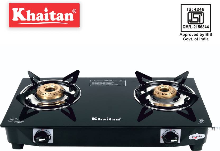 Khaitan 2 Burner BP Nano Premium MS Black Glass Manual Gas Stove Price