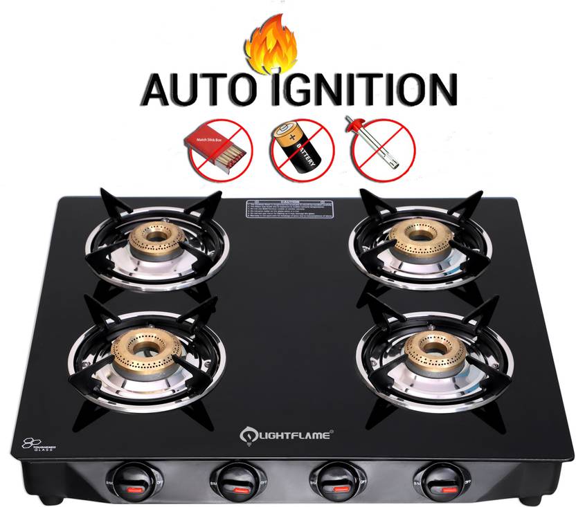 LIGHTFLAME 4 Burner smart Automatic ISI Certified Toughened Glass With