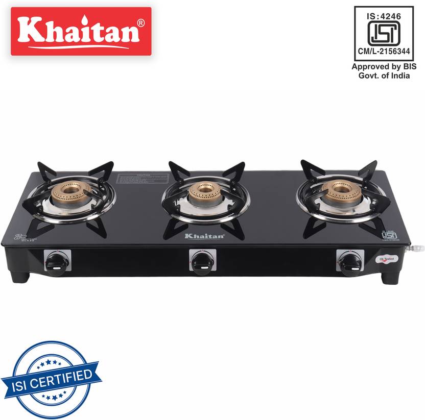 Khaitan 3 Burner BPJIO Black Glass Manual Gas Stove Price in India