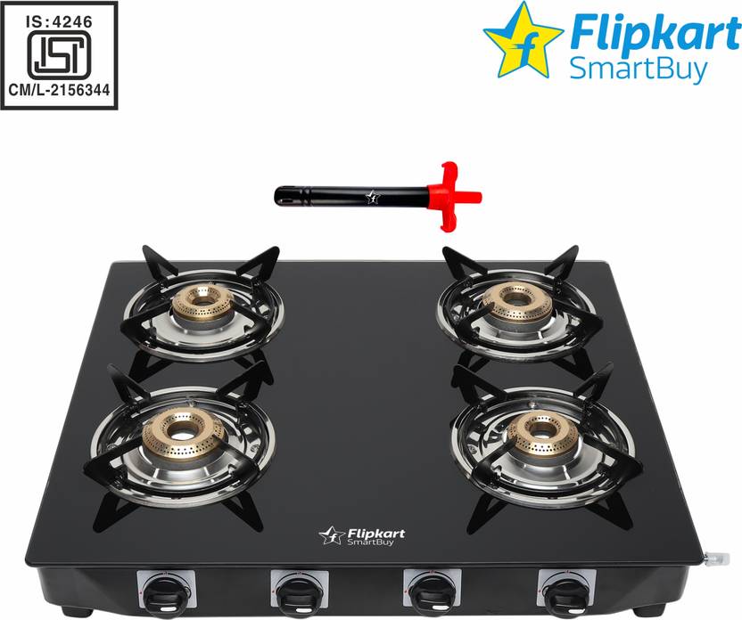 Flipkart SmartBuy 4 Burner Icon Glass Manual Gas Stove Price in India