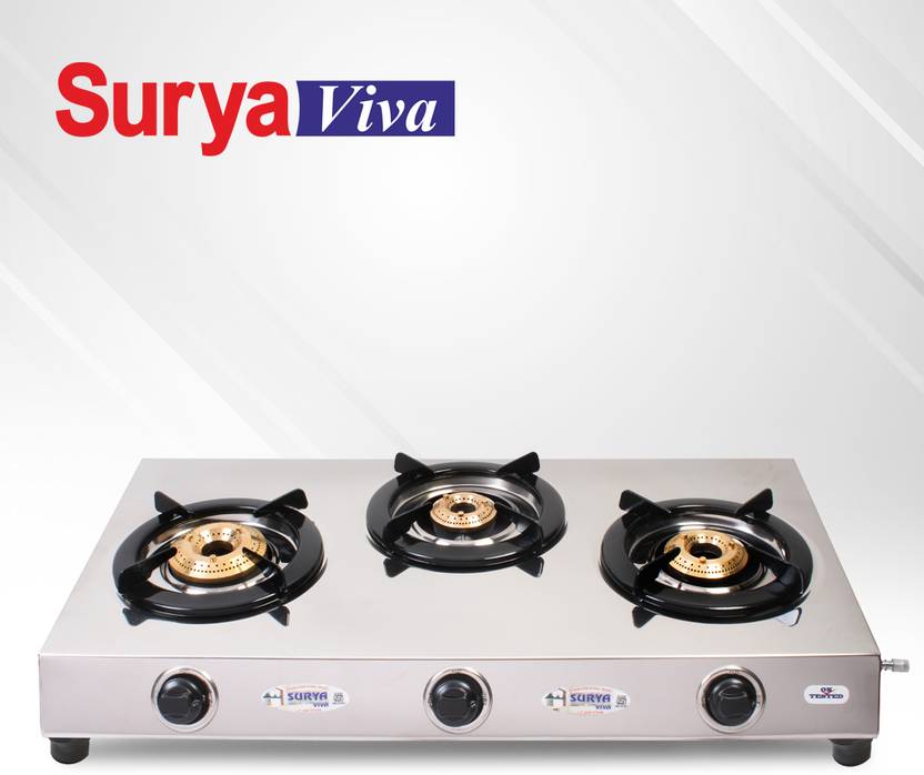 SURYAVIVA Super 3B Stainless Steel 3 Brass Burner steel Gas Stove