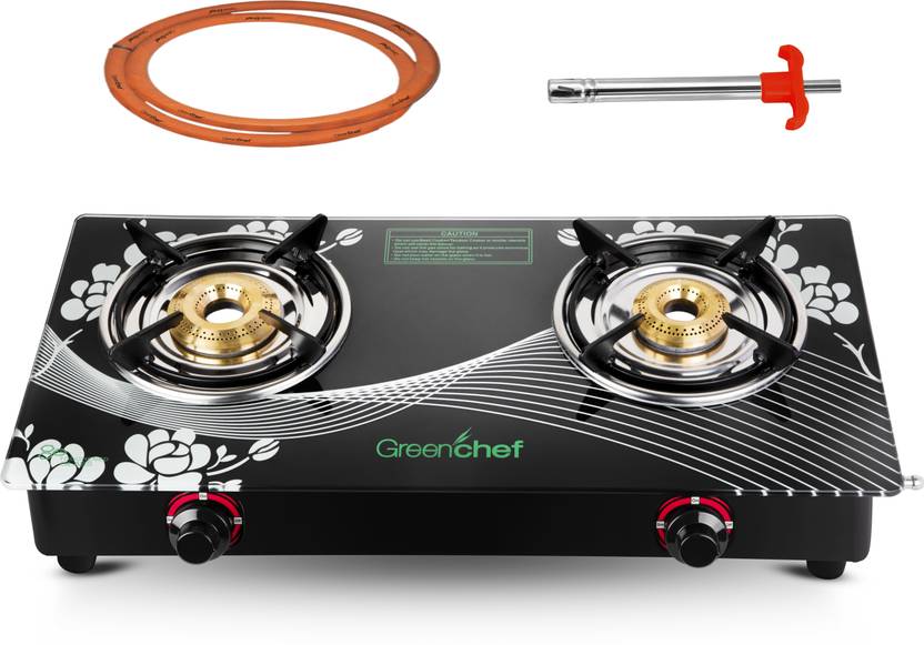 Greenchef Blossom 2BR ( Hose Pipe + Lighter ) Glass Manual Gas Stove
