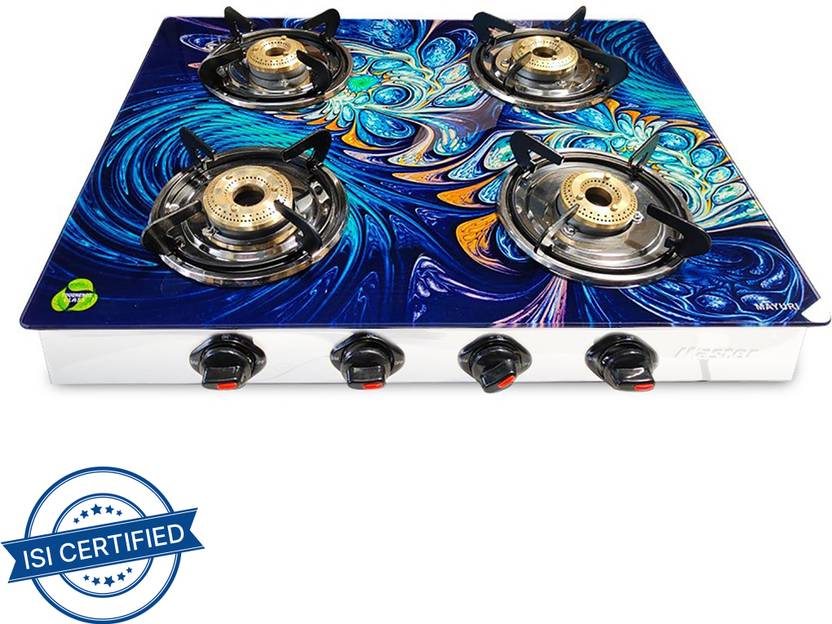 Master Peacock Designer 4 Burner Glass, Stainless Steel Manual Gas