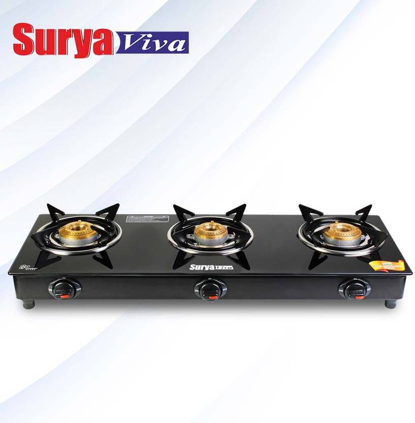 SURYAVIVA Photon 3B BK Toughened Glass 3 Cast Iron Burner Gas Stove