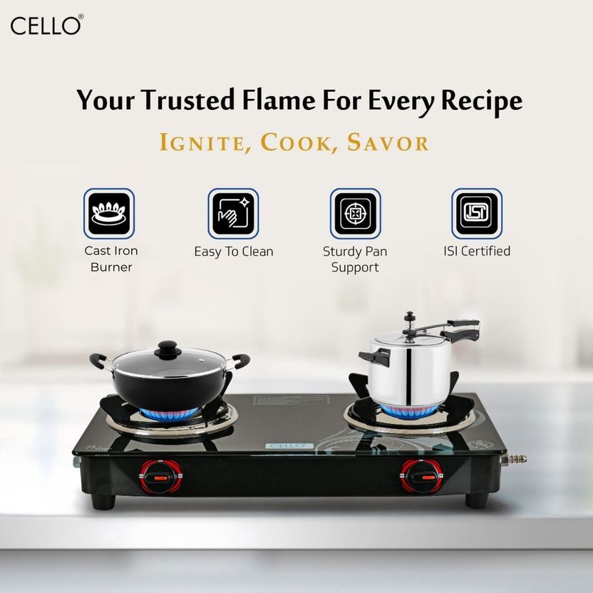 CELLO सेलो Crowne 2 Burner Black Gas Cooktop,Toughened Glass, ISI...more - Image 6