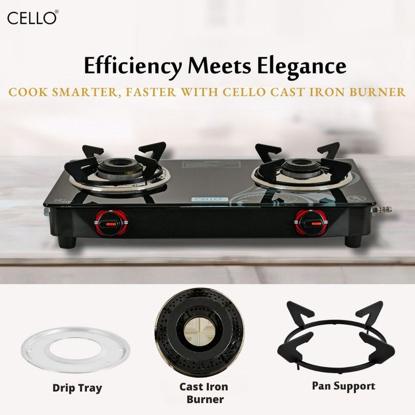 CELLO सेलो Crowne 2 Burner Black Gas Cooktop,Toughened Glass, ISI...more - Image 9