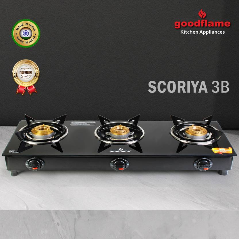 goodflame Scoriya 3B MS BK Toughened Glass 3 Brass Burner Gas Stove