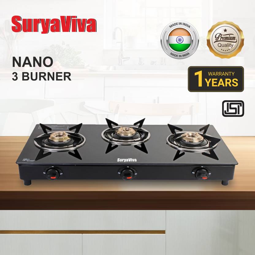 SURYAVIVA Nano premium 3B Toughened 3 Cast Iron Glass Manual Gas Stove