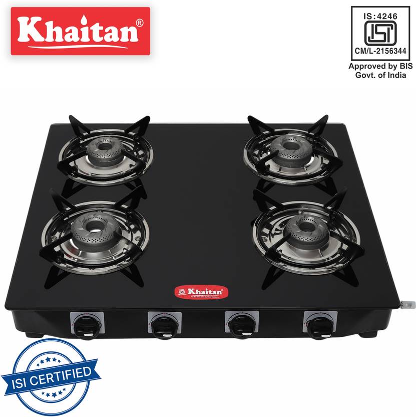Khaitan 4 Burner Active with Burners Black Toughened Glass