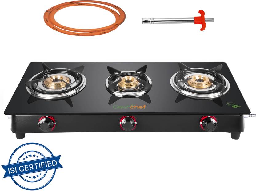 Greenchef Ebony Pro 3BR ( Hose Pipe + Lighter ) Glass Manual Gas Stove