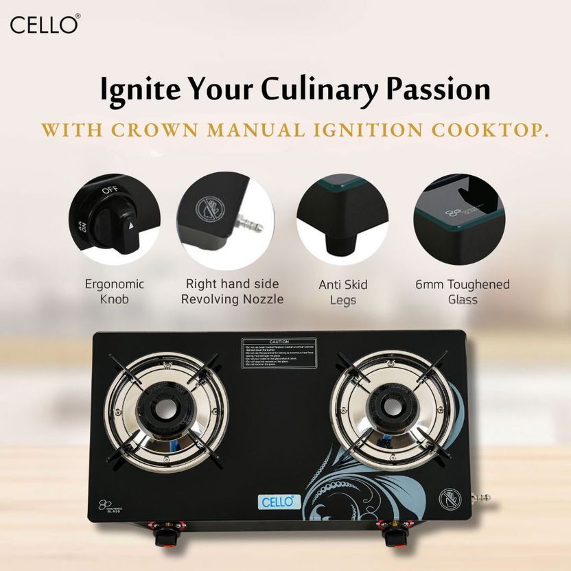 CELLO सेलो Crowne 2 Burner Black Gas Cooktop,Toughened Glass, ISI...more - Image 7