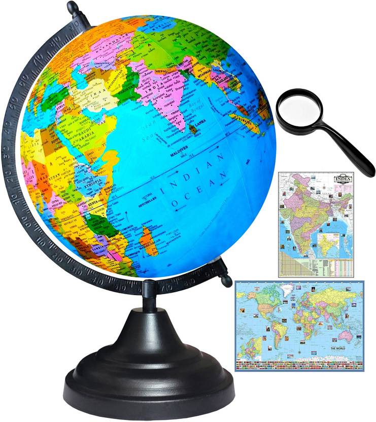 VALENCIA Black Globe 12" Height, 8" Diameter, 75 mm Magnifying Glass, India & World Maps, Black Arc Base, Multicolor Map, Blue Ocean for Kids School Home Office Table Laminated Political Geography Study Blue World Globe