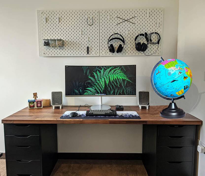 VALENCIA Black Metallic Globe 12 Inch Height, 8 Inch Diameter(Medium) and World Map Chart Black Arc Base, Multicolor Map, Blue Ocean for Kids School Home Office Table Laminated Political Geography Study Blue World Globe