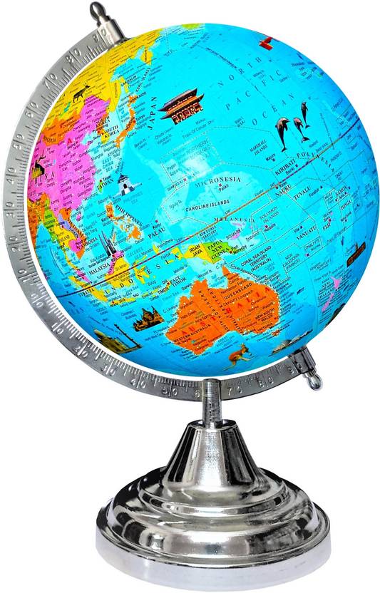 VALENCIA Silver Steel Chrome Globe 12 Inch Height, 8 Inch Diameter and World Map Chart, for Kids/Students/School/Educational/Office Table, Desk and Home Décor Rotating Laminated Political Geography Study Blue World Globe