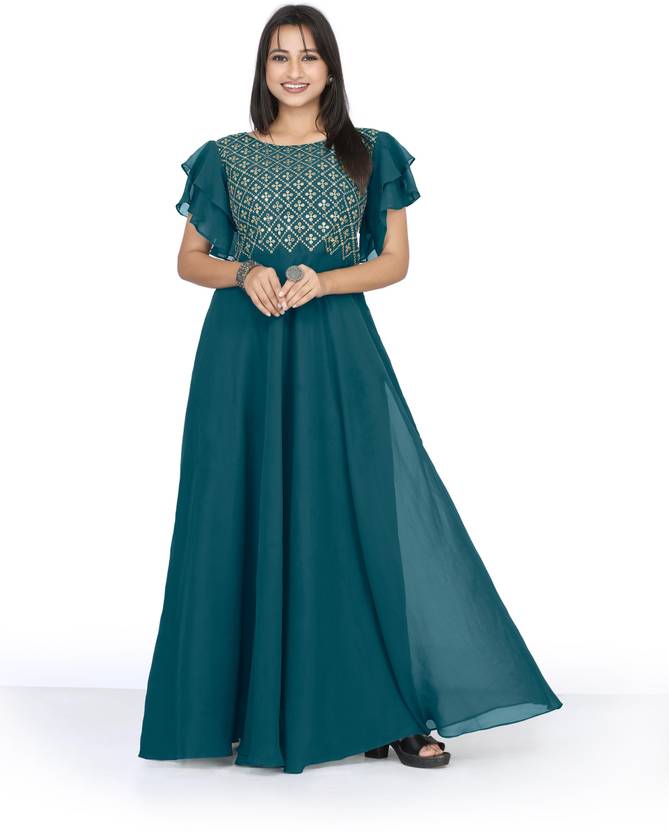 Georgette Stitched Straight Gown  (Purple)