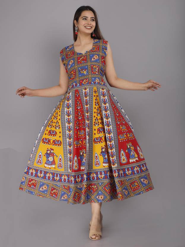ANUNJA Printed Cotton Blend Stitched Flared/A-line Gown