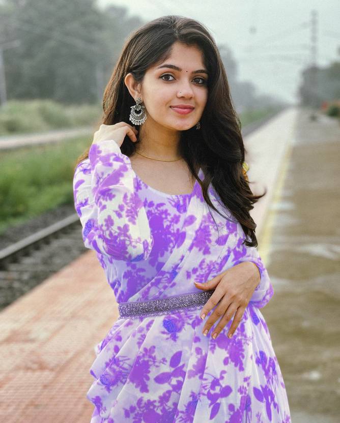 Printed Georgette Stitched Flared/A-line Gown  (Purple)