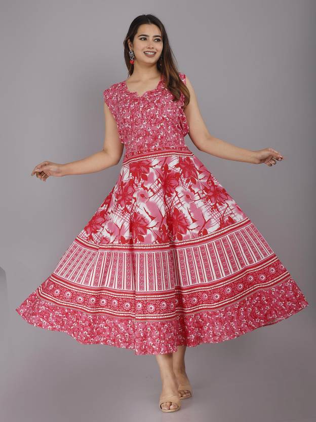 ANUNJA Women Fit and Flare Pink Midi/Calf Length Dress