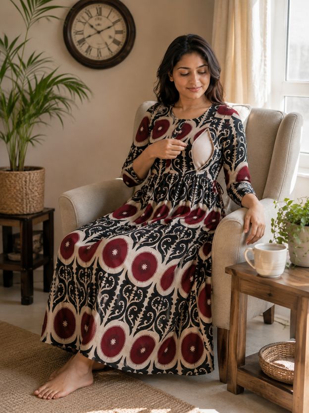 Femvy ऐब्स्ट्रैक्ट क्रेप सिला हुआ अनारकली गाउन (काला) - Image 8