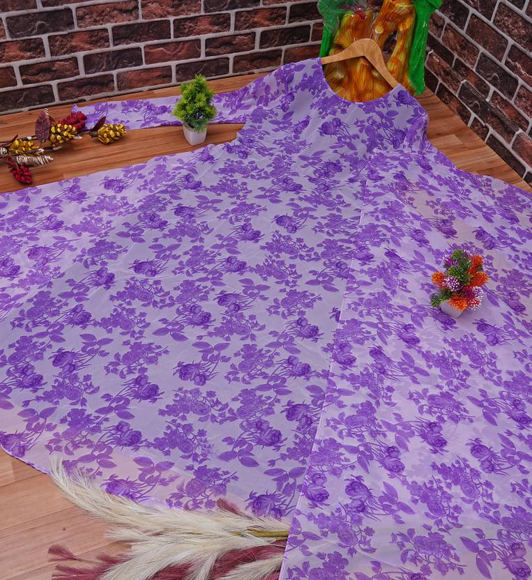 Printed Georgette Stitched Flared/A-line Gown  (Purple)