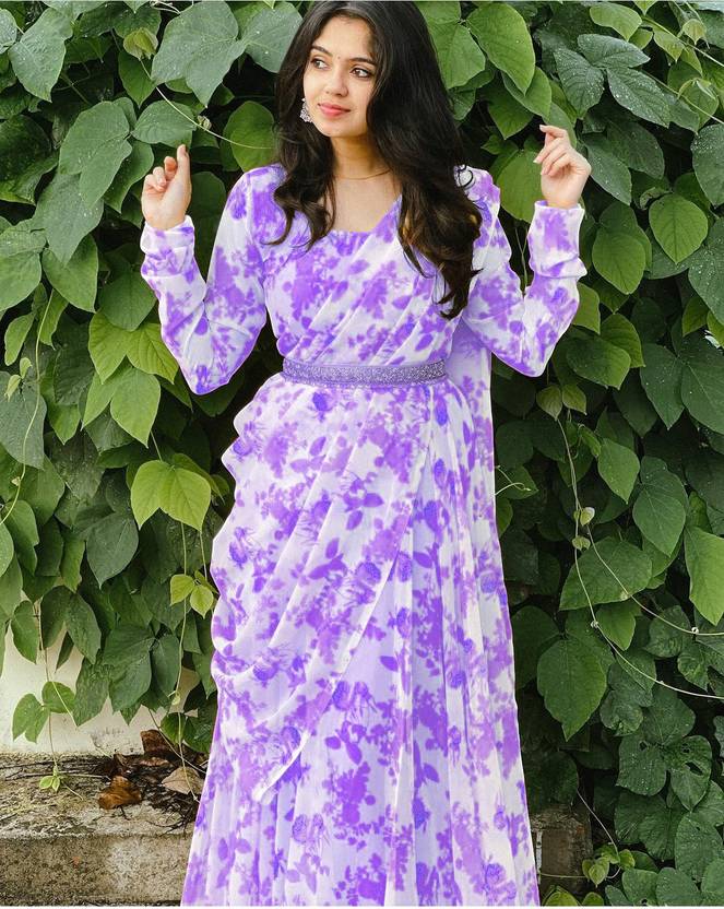 Printed Georgette Stitched Flared/A-line Gown  (Purple)