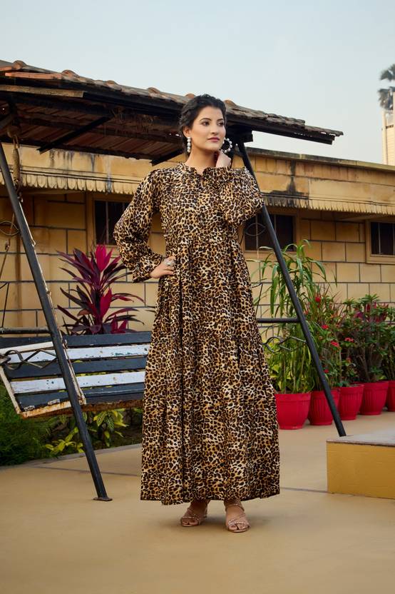 SARINKU Animal Print, Printed Crepe Stitched Flared/A-line Gown