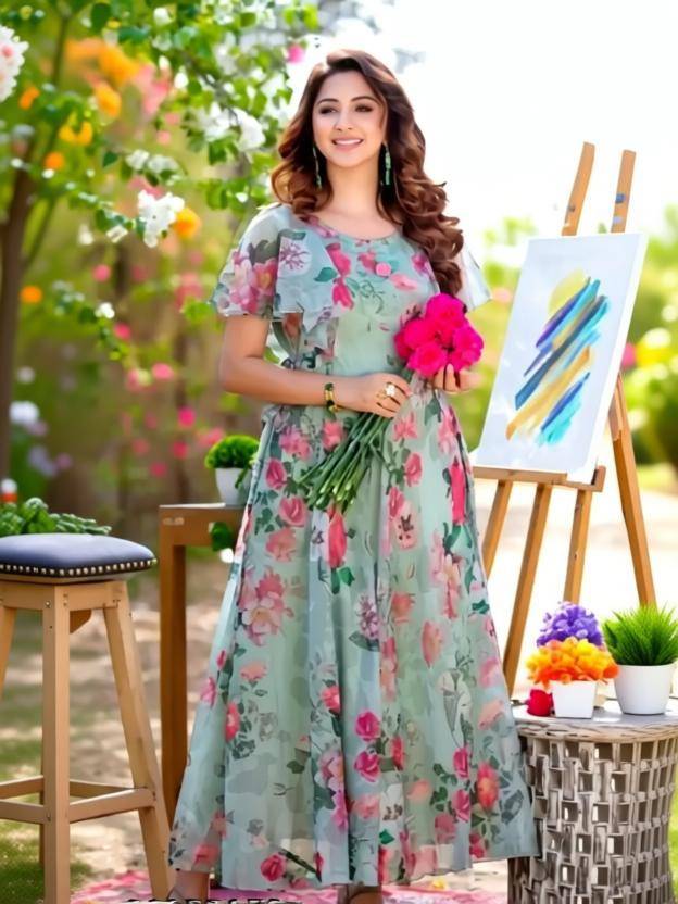 LAHER FASHION Floral Print Georgette Anarkali Kurta for Women