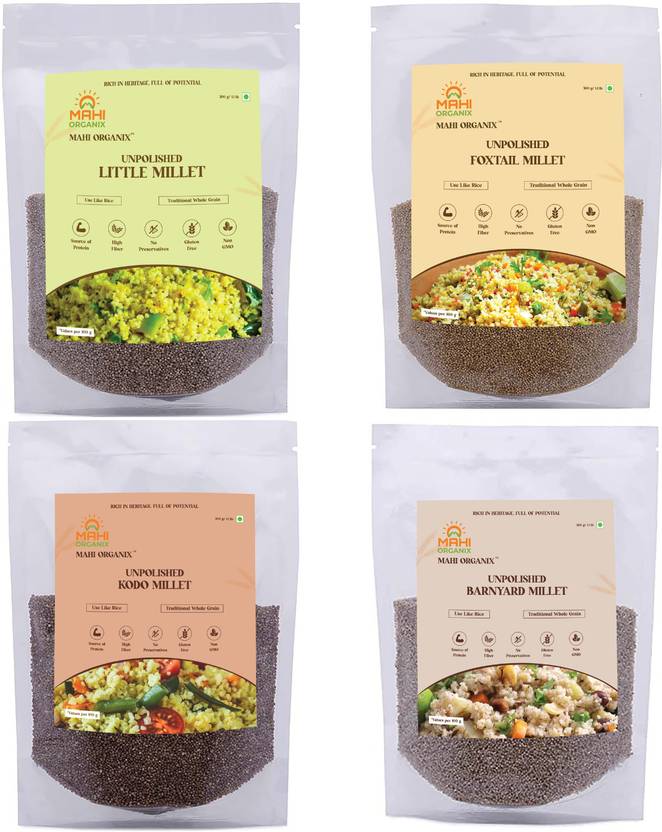 Mahi Organix Unpolished Millets Combo of 4 (500gm Each) Little, Foxtail