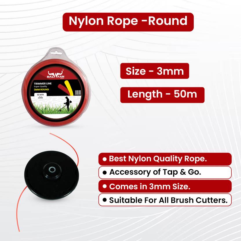 Balwaan Krishi Round Trimmer Line Red (Nylon Rope) 3mm 50mtr for All Brush Cutters & Cordless Grass Trimmer