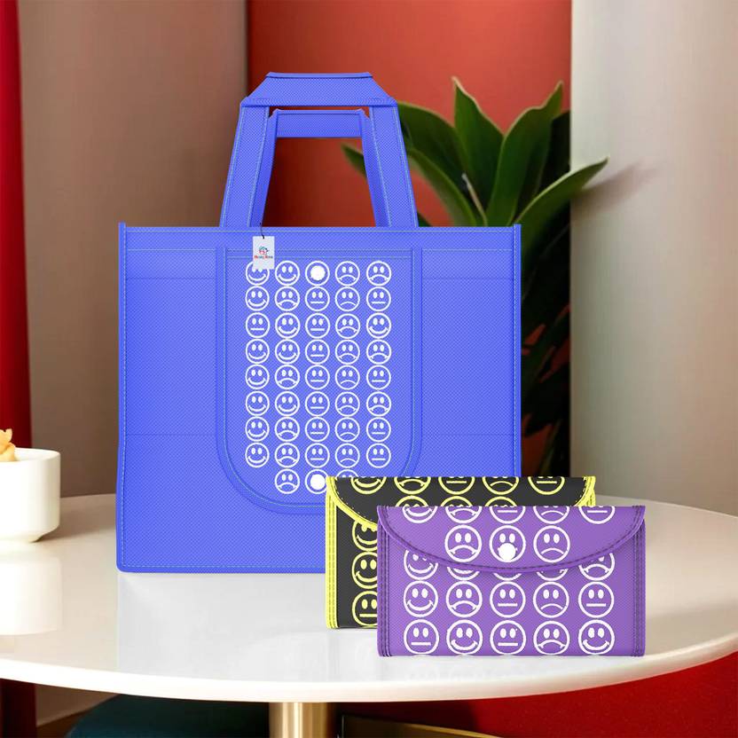 Heart Home Pack of 3 Smile Foldable Unisex Shopping Bags | Dark Blue, Black Yellow & Purple Pack of 3 Grocery Bags