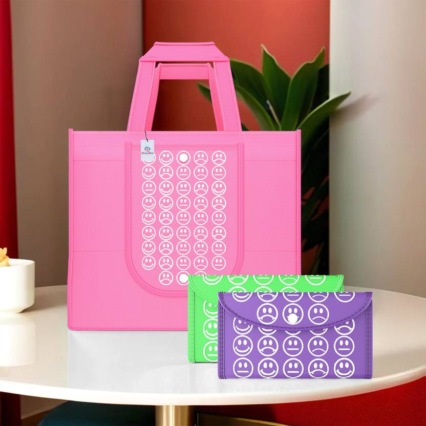Heart Home Pack of 3 Smile Foldable Shopping Bags For Women | Pink, Green & Purple Pack of 3 Grocery Bags