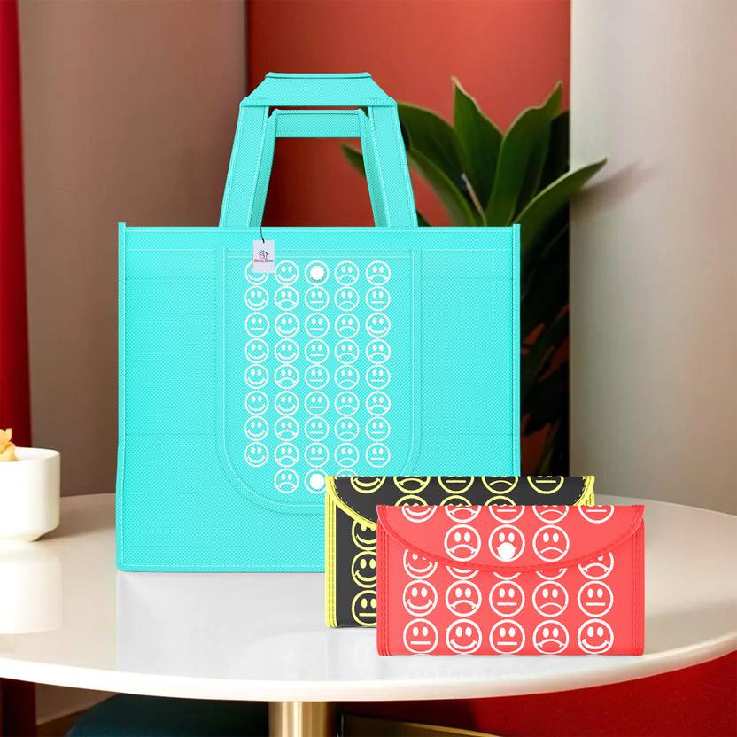 Heart Home Pack of 3 Smile Foldable Shopping Bags For Women | Blue, Black Yellow & Red Pack of 3 Grocery Bags