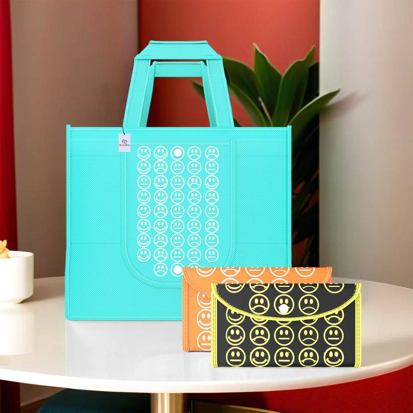 Heart Home Pack of 3 Smile Foldable Shopping Bags For Women | Blue, Orange & Black Yellow Pack of 3 Grocery Bags