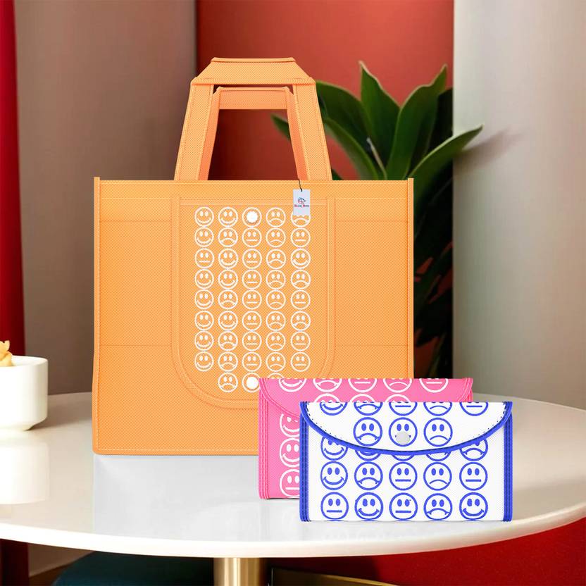 Heart Home Pack of 3 Smile Foldable Shopping Bags For Women | Orange, Pink & White Blue Pack of 3 Grocery Bags