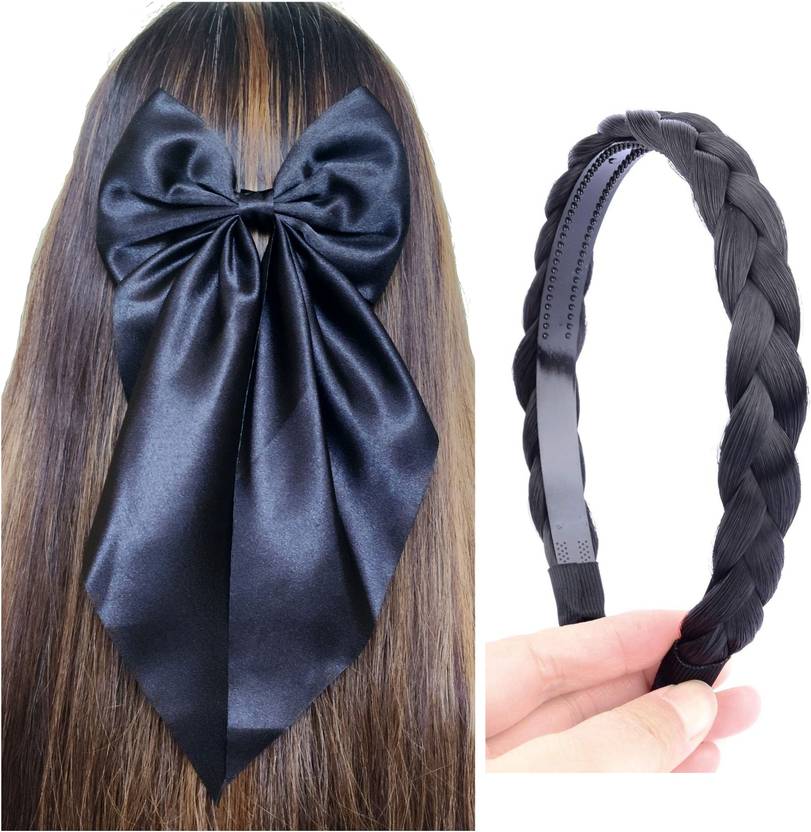 Glitchez Combo of Braided Hairband & Big Satin Layer Long Bow Hair Clip (Black Color) Hair Accessory Set