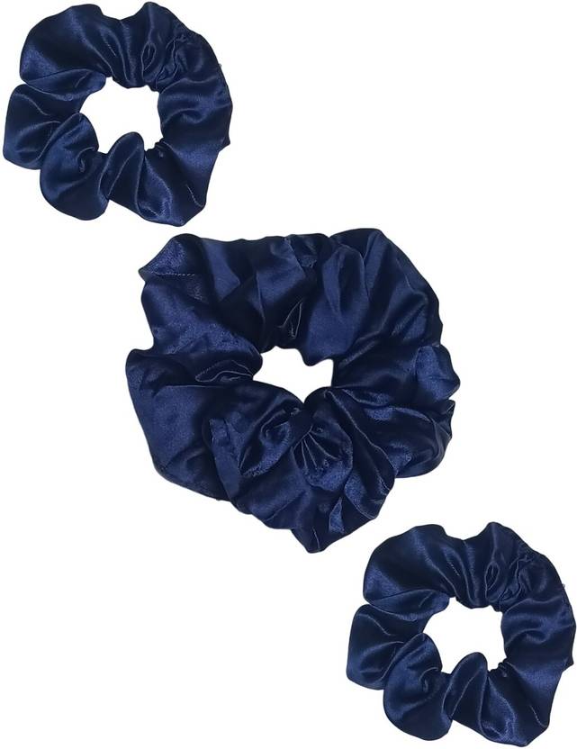 Oomph Combo of 3 Small & Medium Royal Blue Satin Silk Scrunchy RubberBand Rubber Band