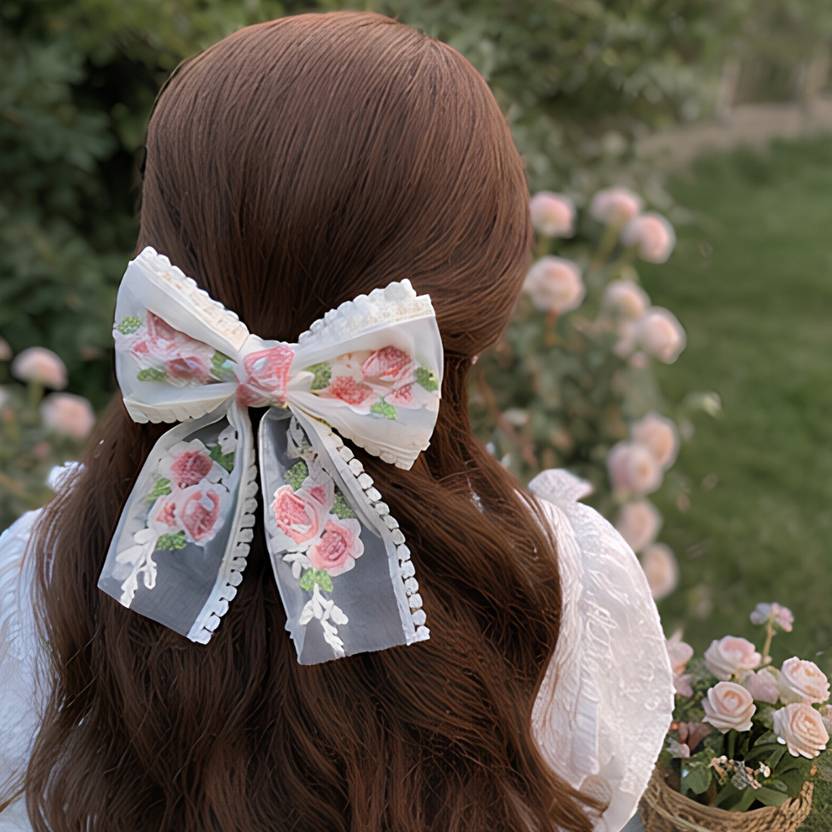 Giggles Boo White Floral Bow Hair Clips for Women & Girls | Big Ribbon Hair Clips Hair Clip