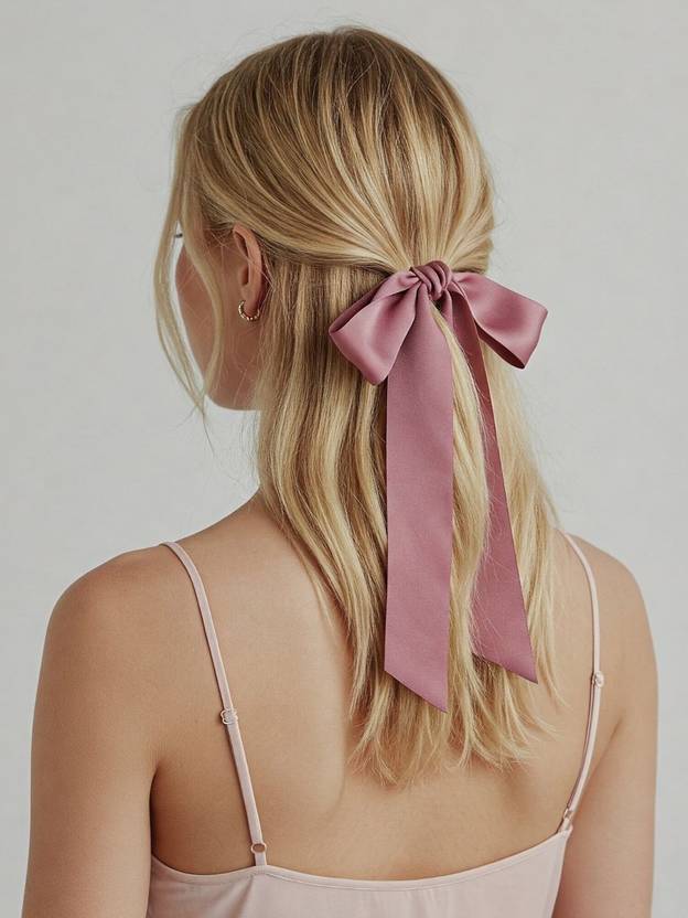 Mueras Satin Silk Hair Long Tail Ribbon Scrunchie for Women and Girls Rubber Band