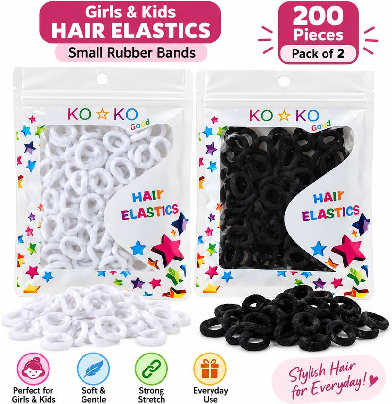 Radiant Gems Black & White Basic Hair Ties for Baby Girls, Kids & Women (200 Pieces) Rubber Band
