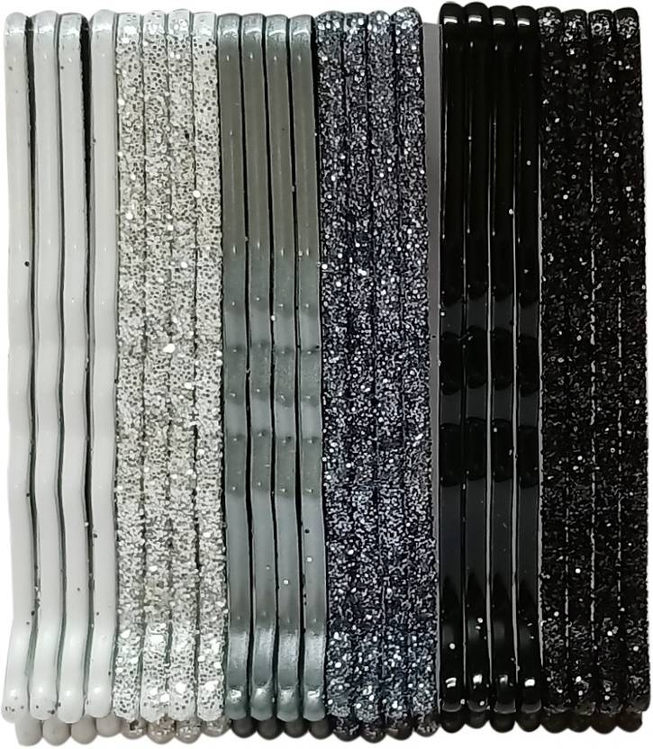 Oomph Combo of 24 Black, Grey & Silver Shimmer Metal Bobby Pins Stylish Latest Hair Clip
