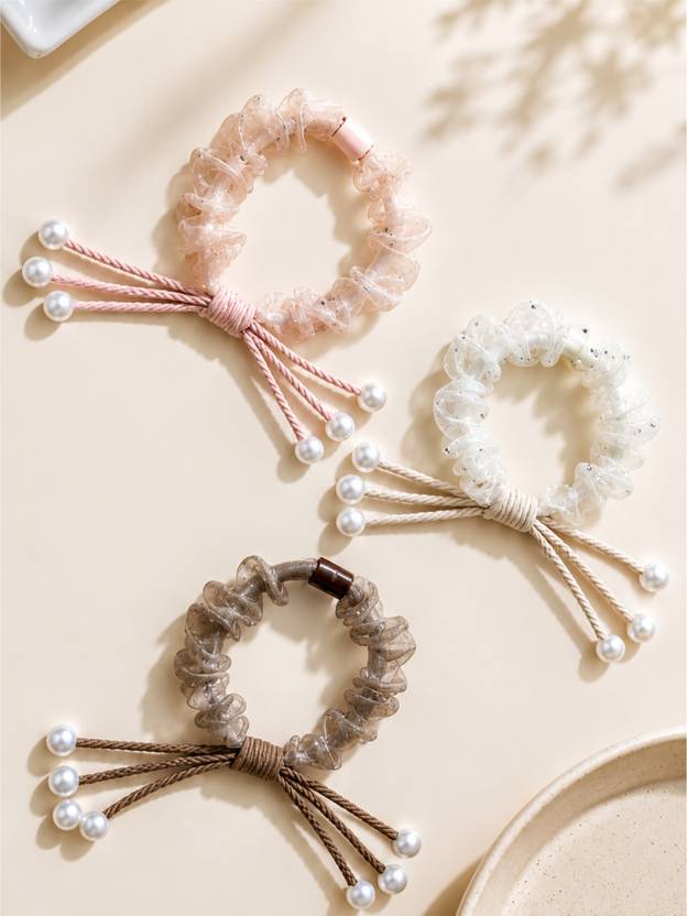 BMNM Women Pearl Bow Scrunchies Set of 3 | Glitter Hair Ties | Trendy Accessories Rubber Band