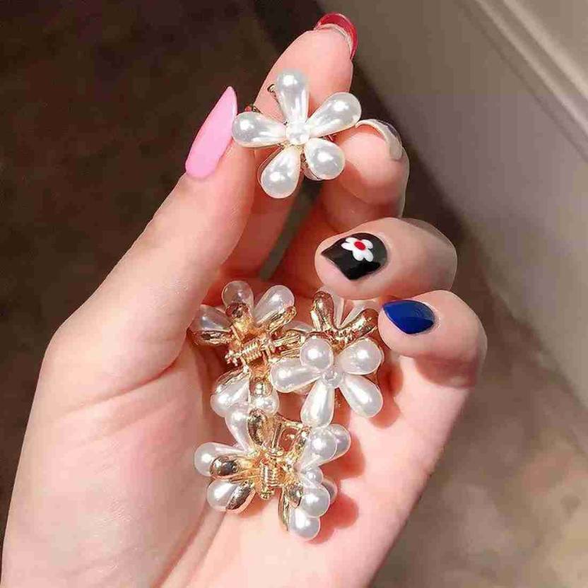 Sangeeta Enterprises 4 Pcs Pearl Mini Claw Clips Flower Design Barrettes Hair Accessories for Women Hair Claw