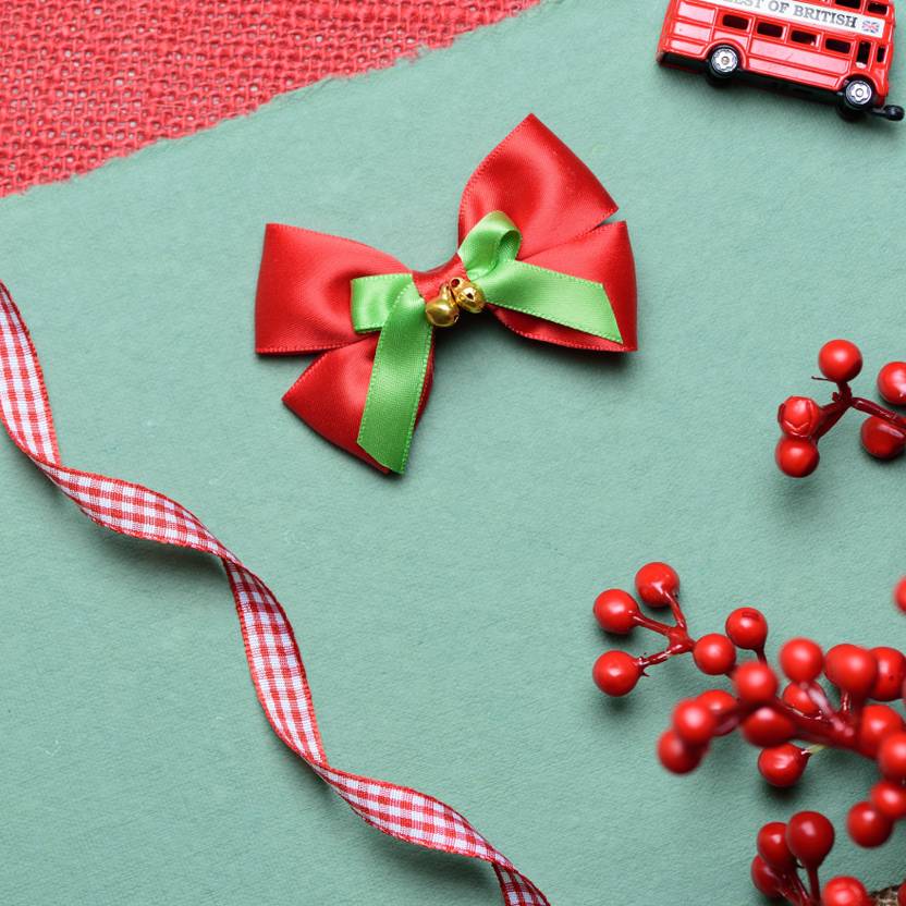 RibbonCandy Christmas bow with bells on Alligator clip - Red and Green Tic Tac Clip