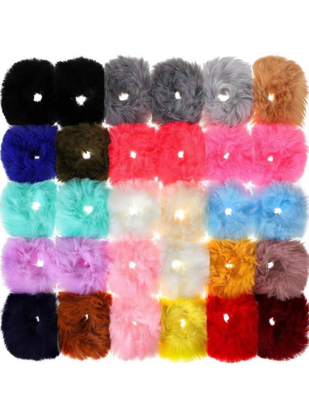 Fameza 12 Fur Scrunchies Pompom Ball Elastic Fluffy Ponytail Holders Pom Hair Ties Rubber Band
