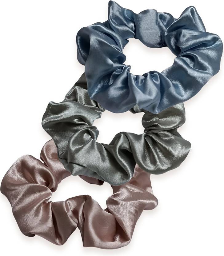Oomph Combo of 3 Blue, Grey & Nude Beige Satin Silk Ponytail Holder Rubber Band