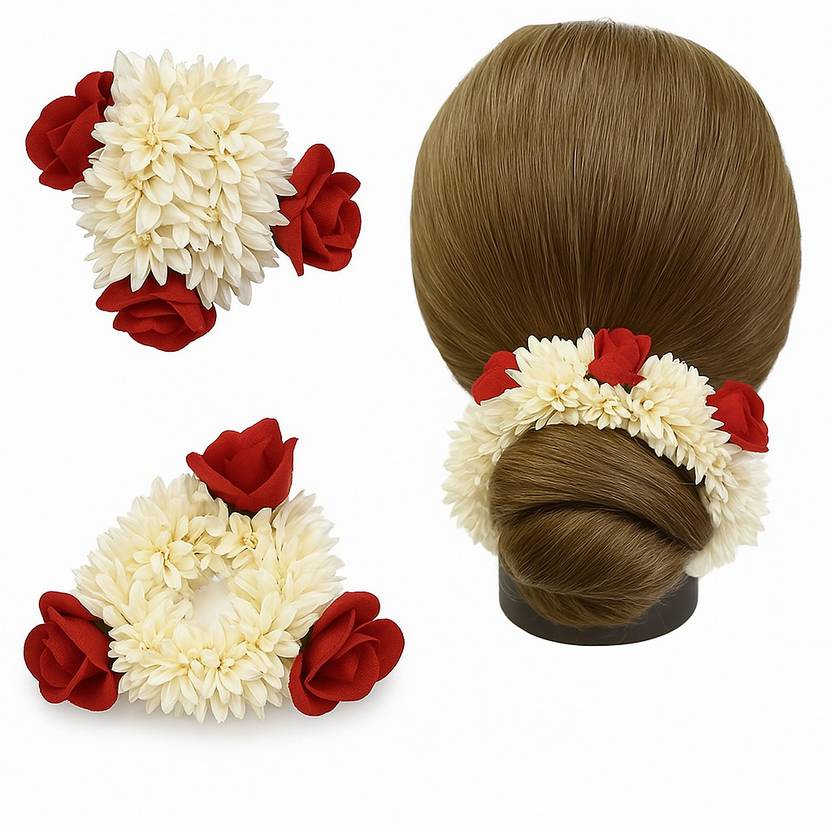 TressAura Red Rose & Jasmine Bun Gajra Hair Accessory Set