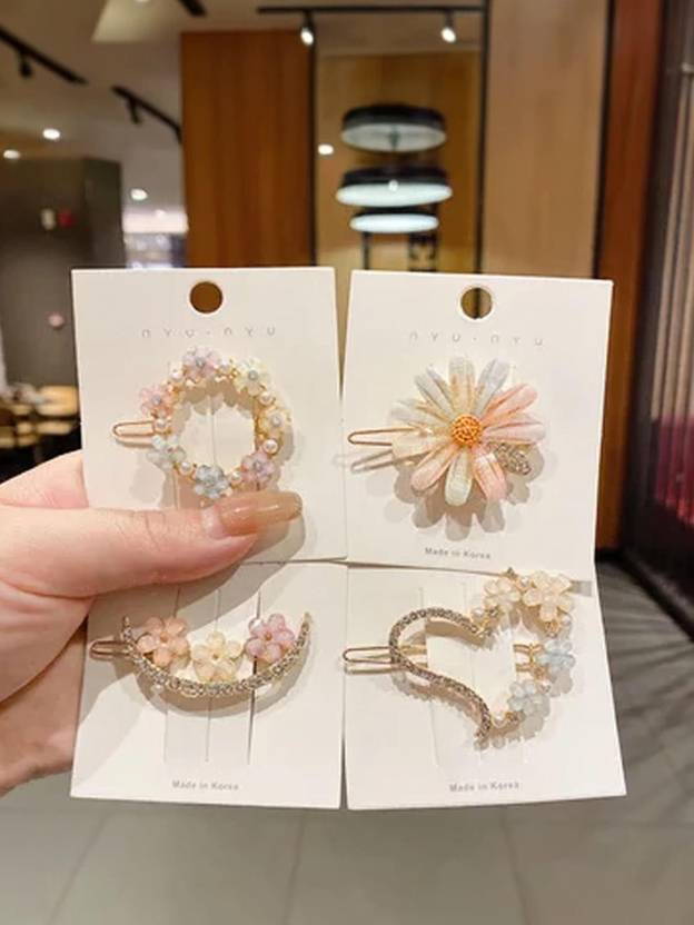 locklux Korean Heart&Flower Cute Stylish Clips For Girls&Women 4pcs Fancy Partywear Pins Hair Clip